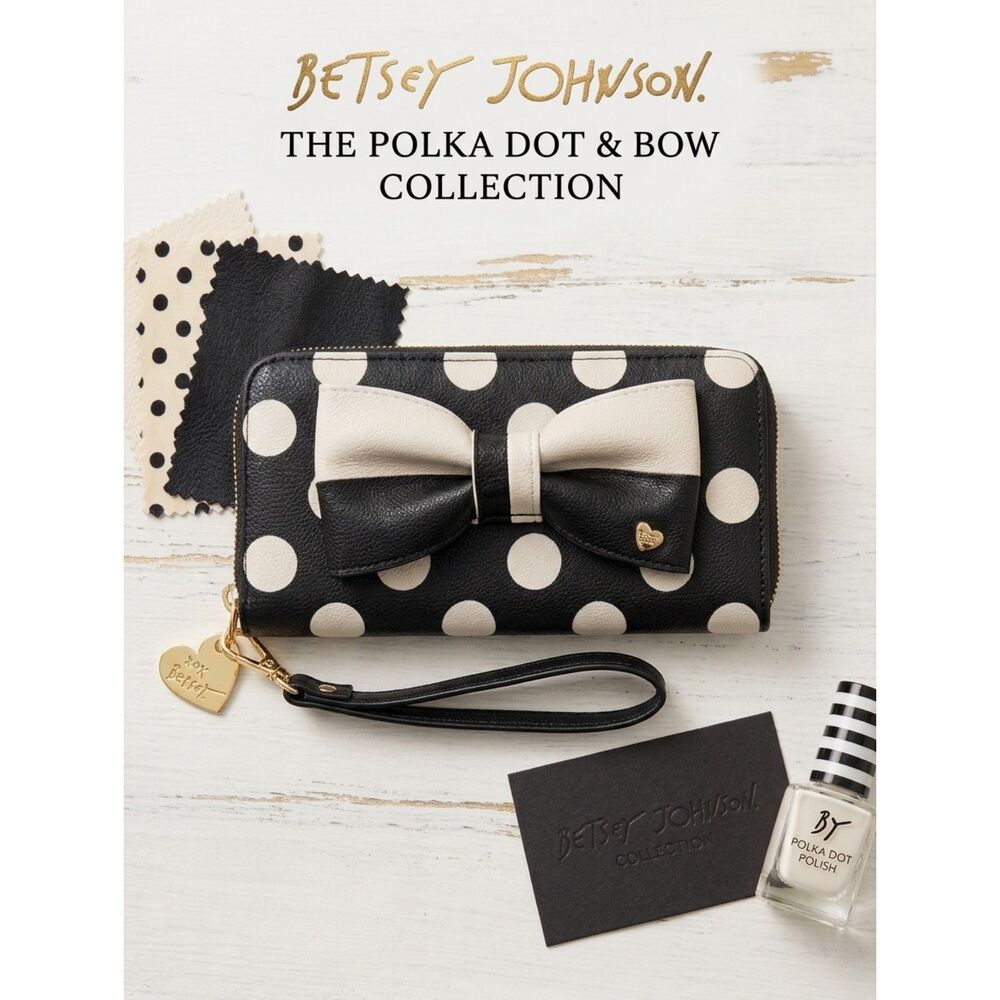 Betsey Johnson Wristlet Wallet Black White Polka Dot Bow